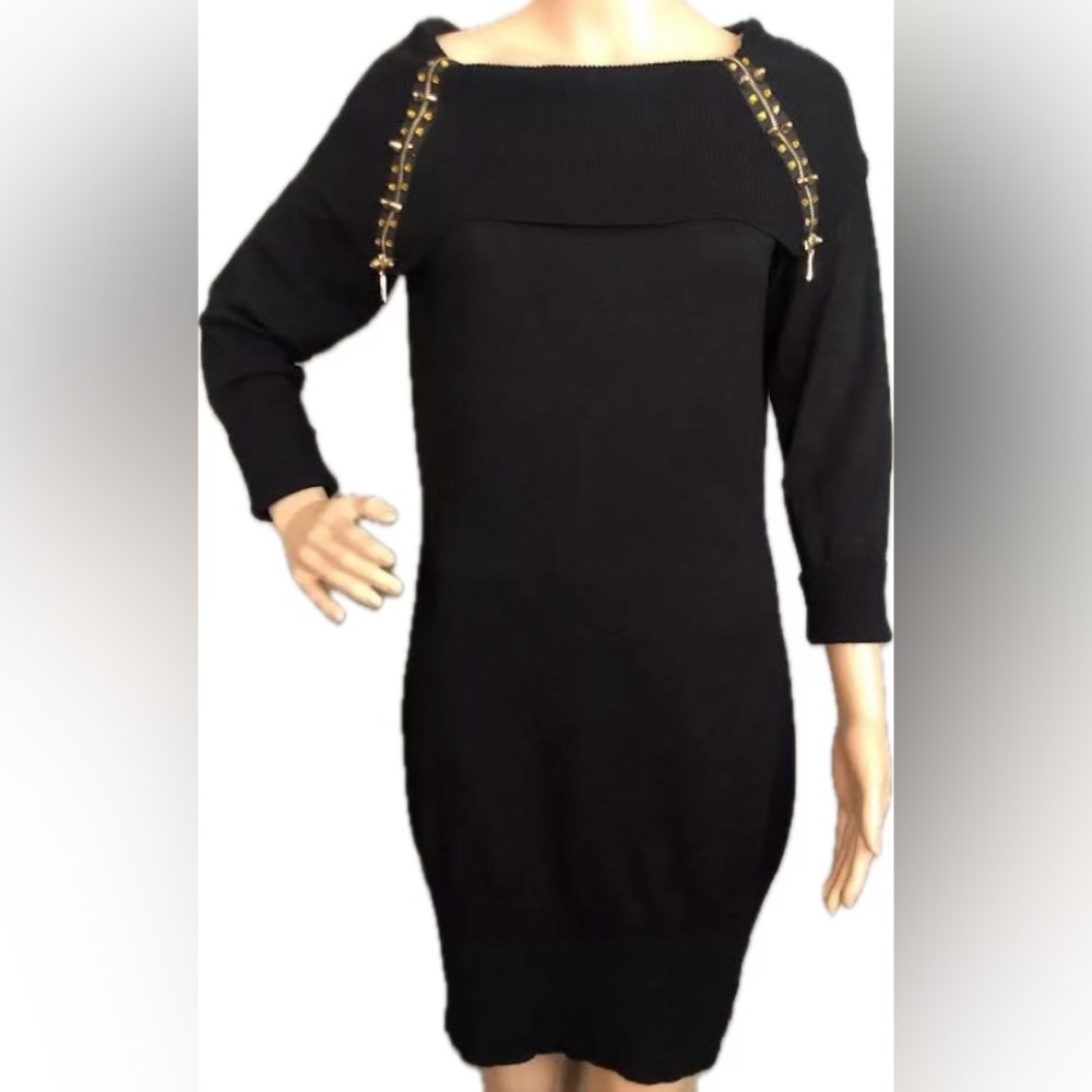 Venus Black Folded Boat Neck Jewel Studded Sweater Dress Sz. Medium